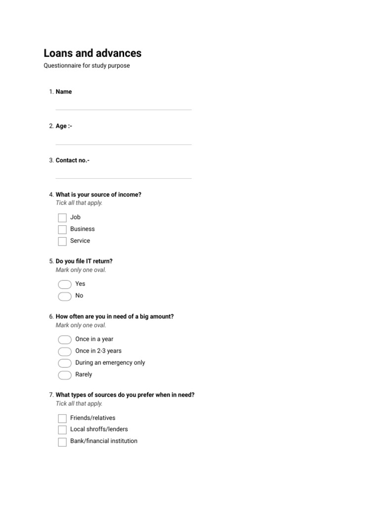 Loans and Advances Questionnaire | PDF