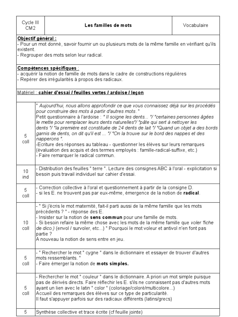 Exercice Famille De Mots : Cm2 Avec Correction