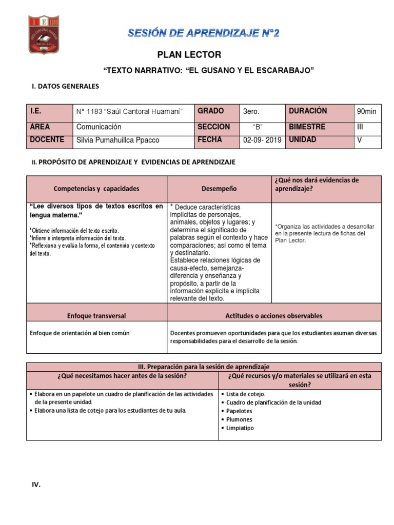 2 Sesion de Plan Lector | PDF | Aprendizaje | Planificación