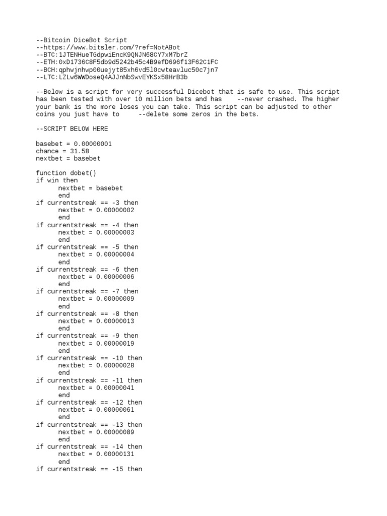 Bitcoin DiceBot Script for Gambling | PDF | Gambling | Teaching Mathematics