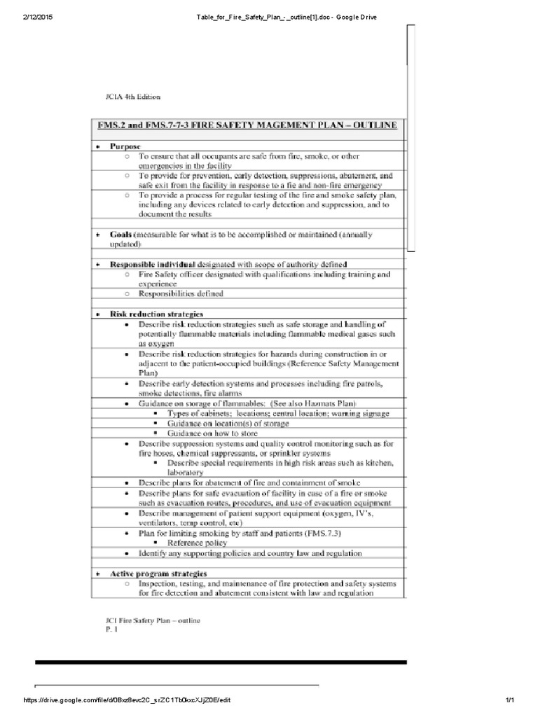 JCI Fire Safety Management Plan Outline | PDF | Fire Safety | Hazards