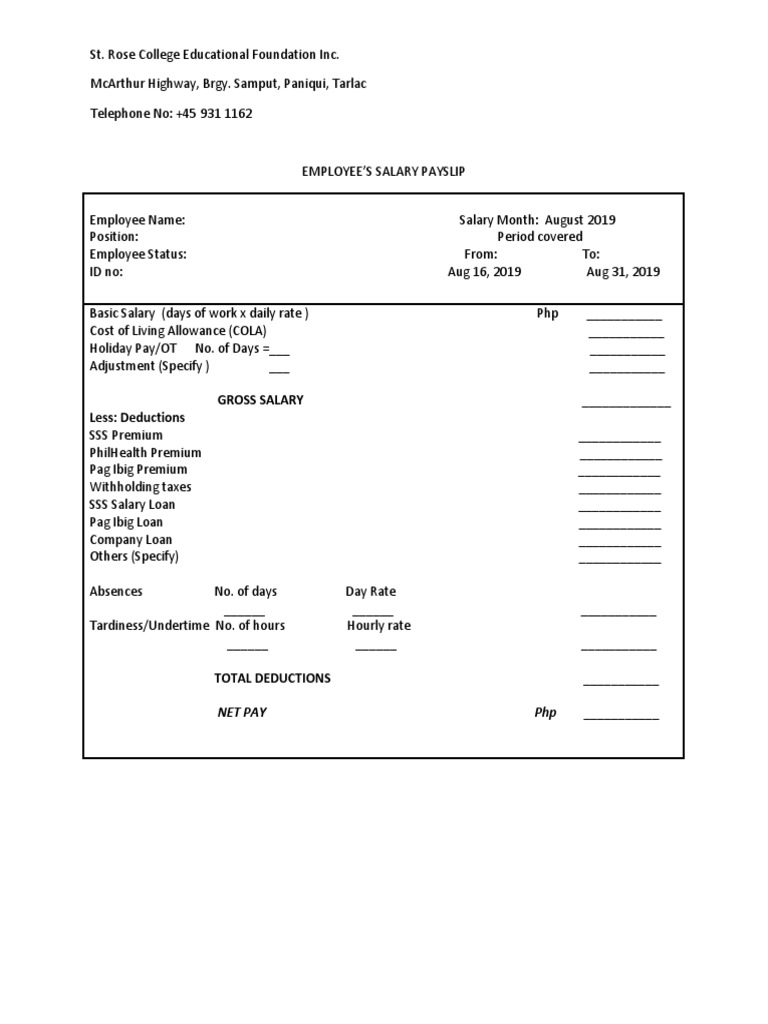 BSA III ST Rose College Payslip