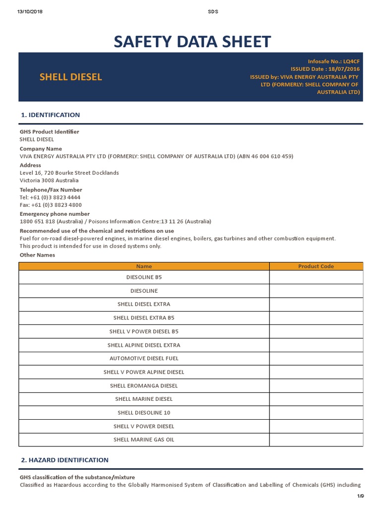 Shell Diesel Msds PDF Dangerous Goods Chemistry