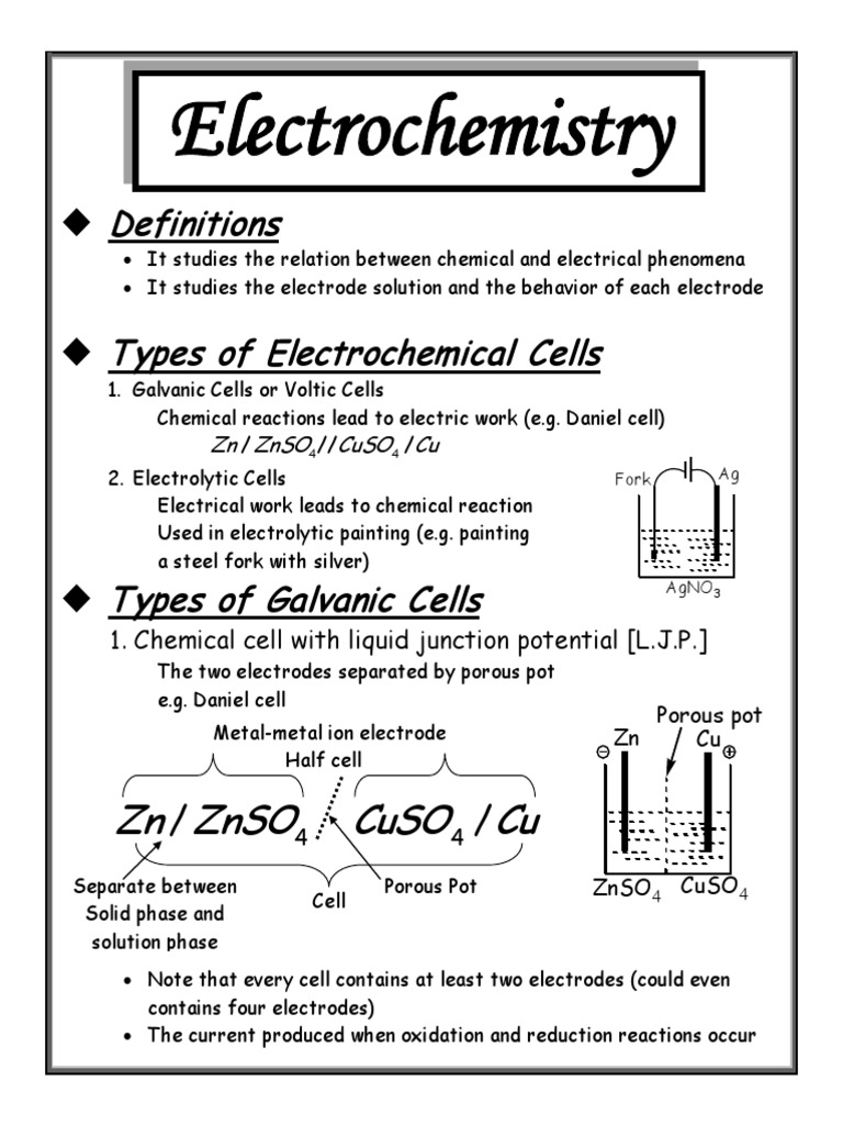 Electrochemistry Definitions Types of Electrochemical Cells Redox