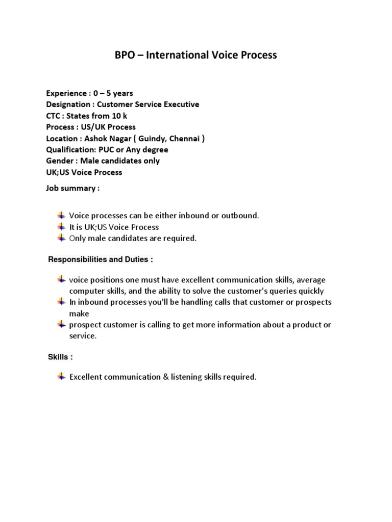 BPO International Voice Process Responsibilities and Duties PDF