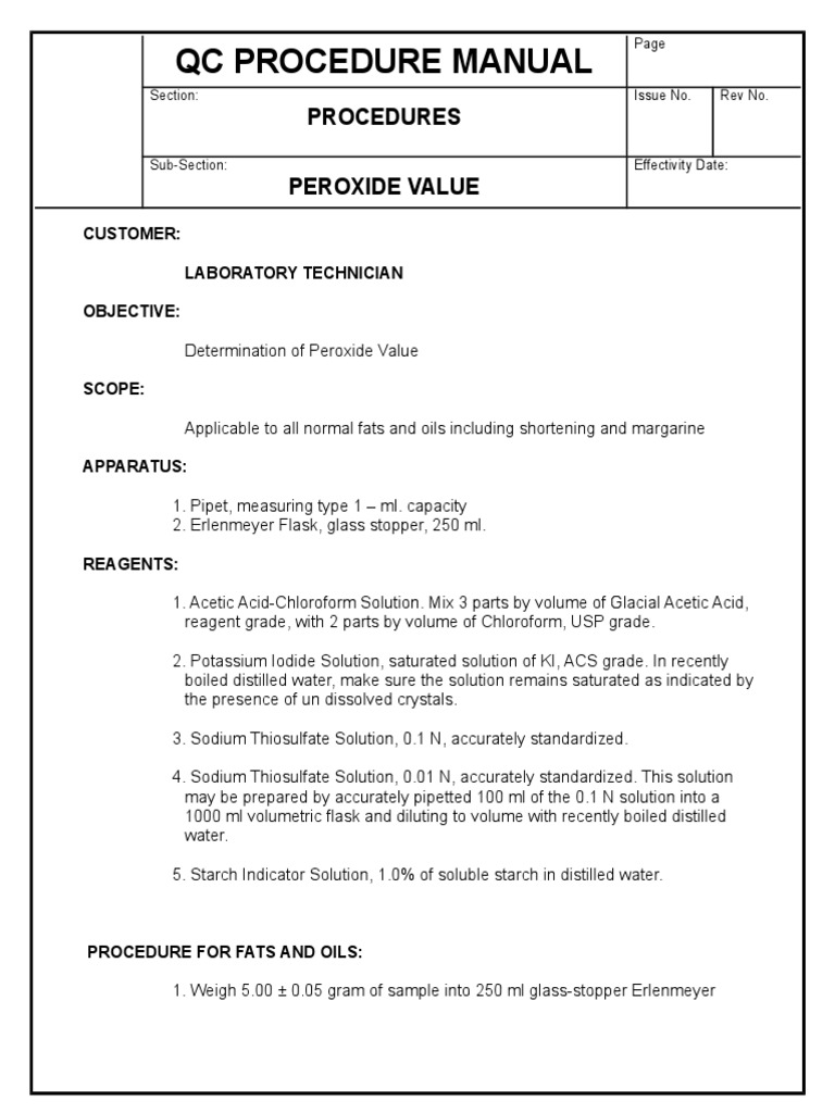 QC Procedure Manual Procedures Peroxide Value PDF Titration Chemistry