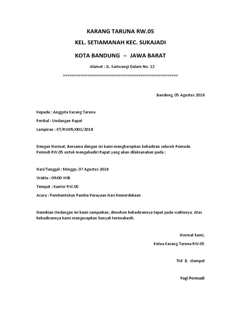 Contoh Surat Undangan Rapat Karang Taruna
