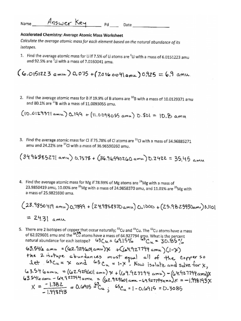 Average Atomic Mass Worksheet Answer Key  PDF In Average Atomic Mass Worksheet