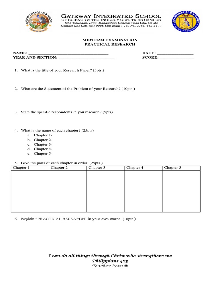 Midterm Examination Practical Research NAME: - DATE: - YEAR AND SECTION ...