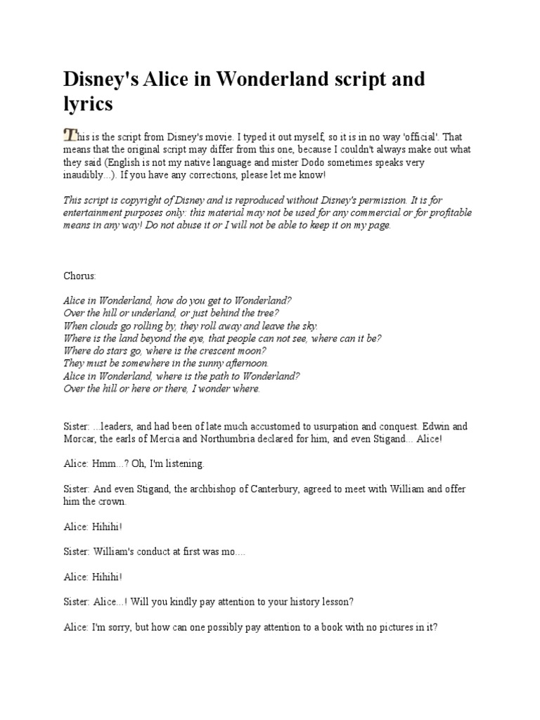Disney's Alice in Wonderland Script and Lyrics | PDF | Alice's ...