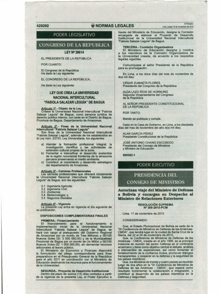 Ley Que Crea La Universidad Nacional Intercultural "Fabiola Salazar ...