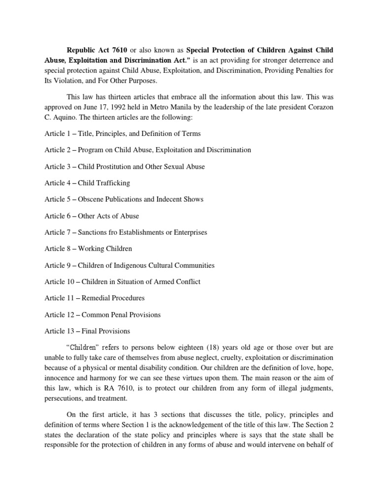 RA 7610: Child Protection Act Overview | PDF | Child Abuse | Human ...