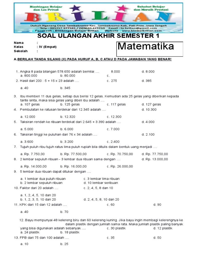 Soal UAS Matematika Kelas 4 SD Semester 1 (Ganjil) Dan Kunci Jawaban | PDF