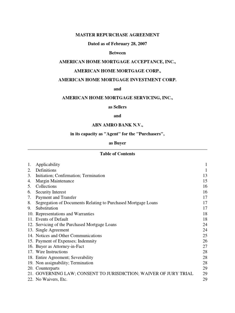 Master Repurchase Agreement PDF Repurchase Agreement Mortgage Loan