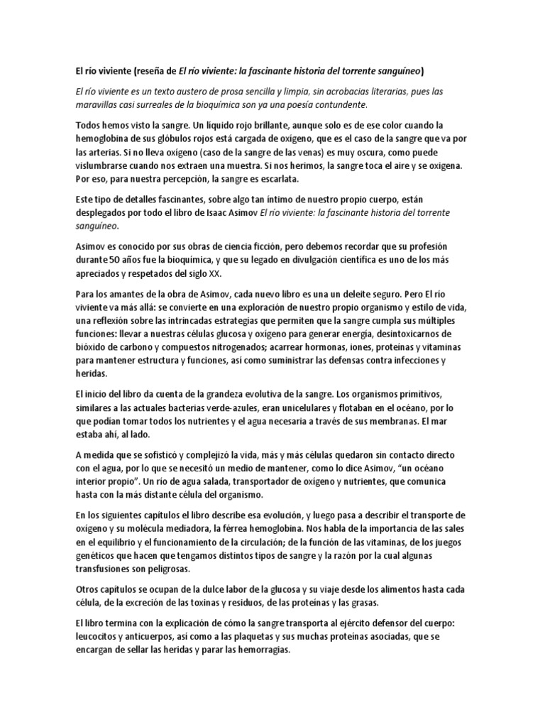 El río viviente: sangre y bioquímica | PDF | Sangre | Nutrientes