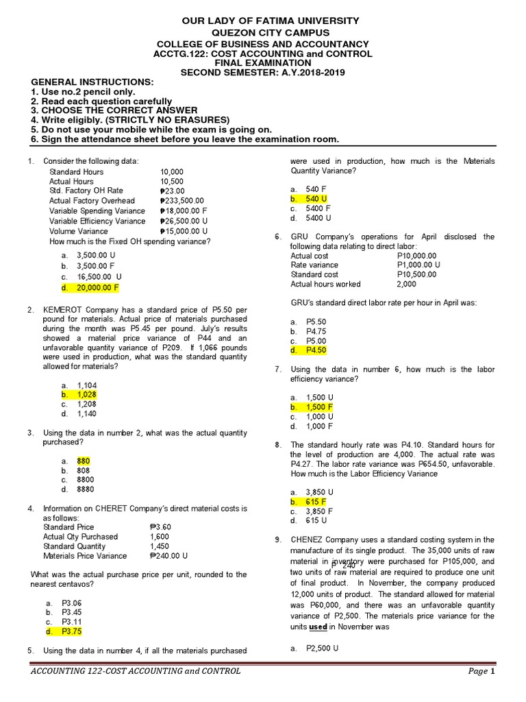 Cost Accounting Exam Questions Our Lady of Fatima University PDF