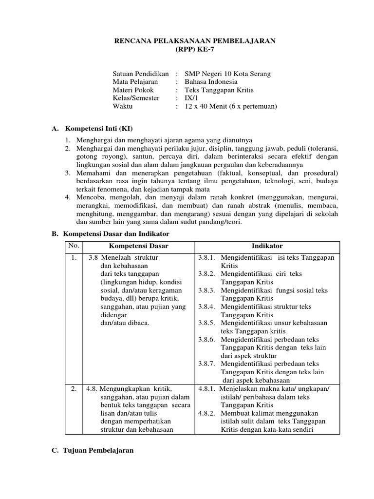 Rpp Teks Tanggapan Kritis Kelas Ix