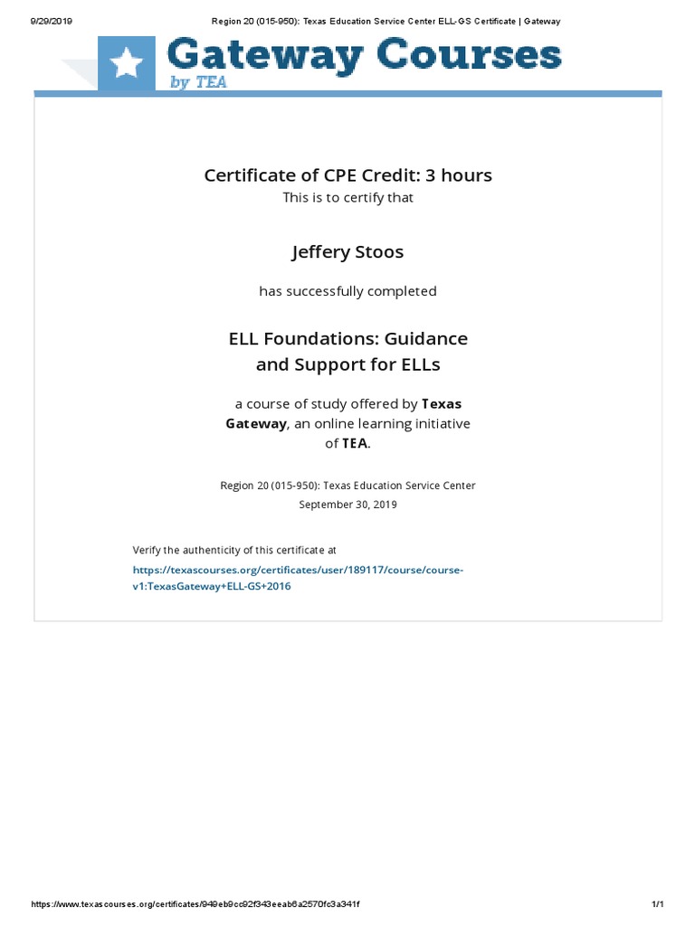 Region 20 015 950 Texas Education Service Center Ell Gs Certificate