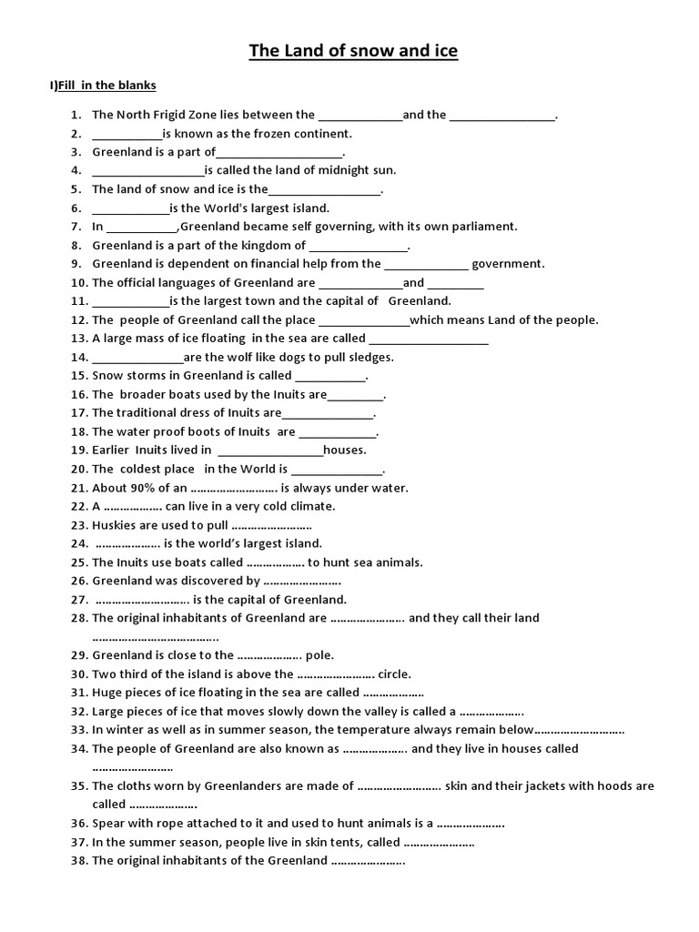 Land Of Snow Worksheet Pdf Inuit Greenland