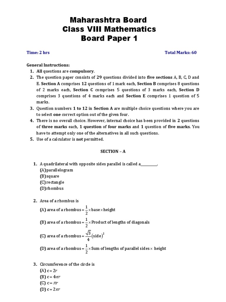 Class 8 Maths Board Exam Paper | PDF | Area | Rectangle