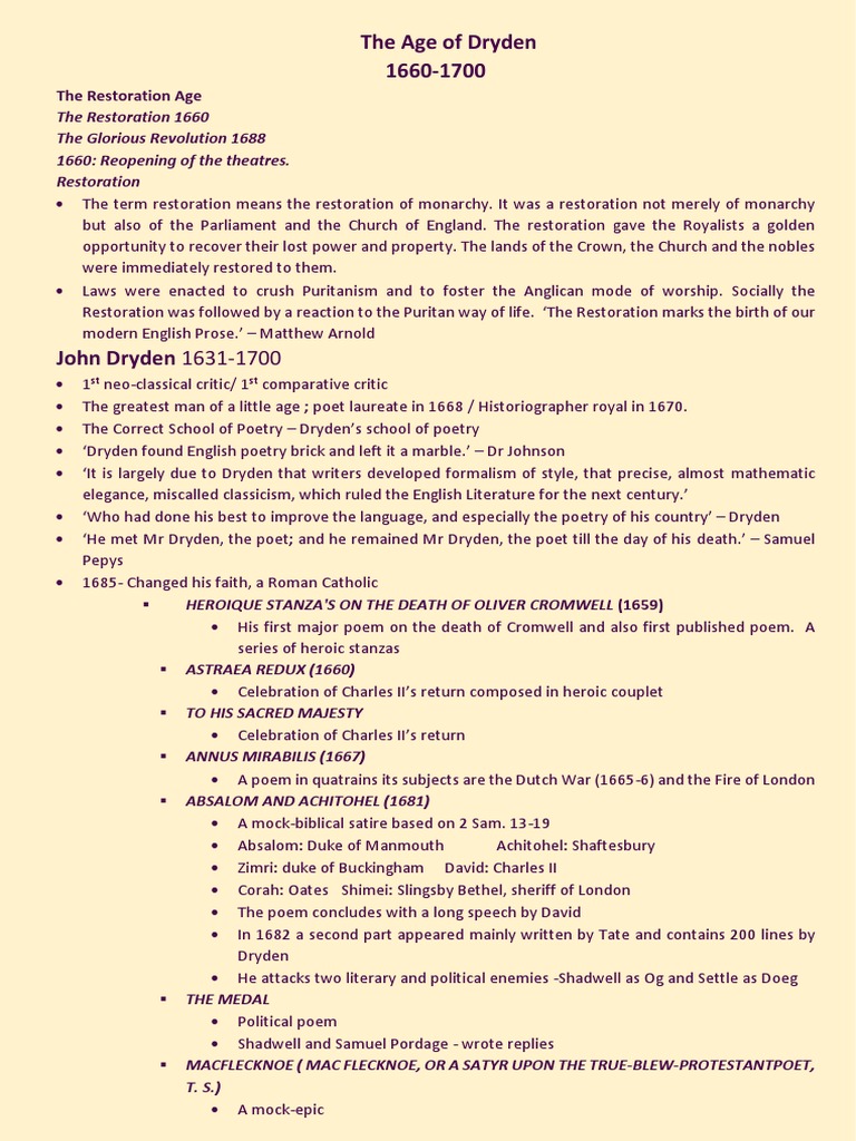The Age of Dryden England during the Restoration Period (16601700
