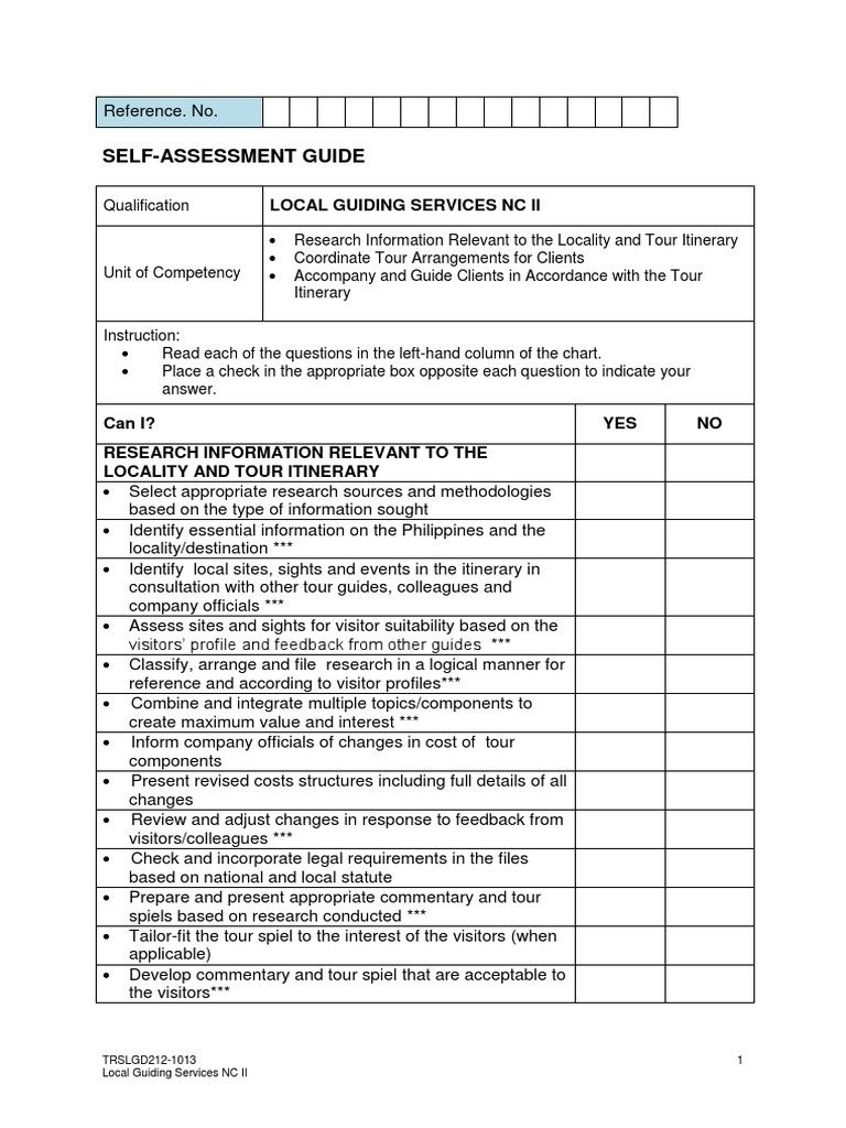 Self-Assessment Guide: Local Guiding Services NC Ii | PDF | Business