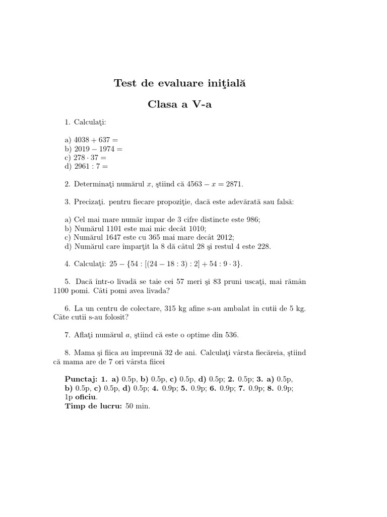 Test de Evaluare Initiala A V - A Matematica | PDF