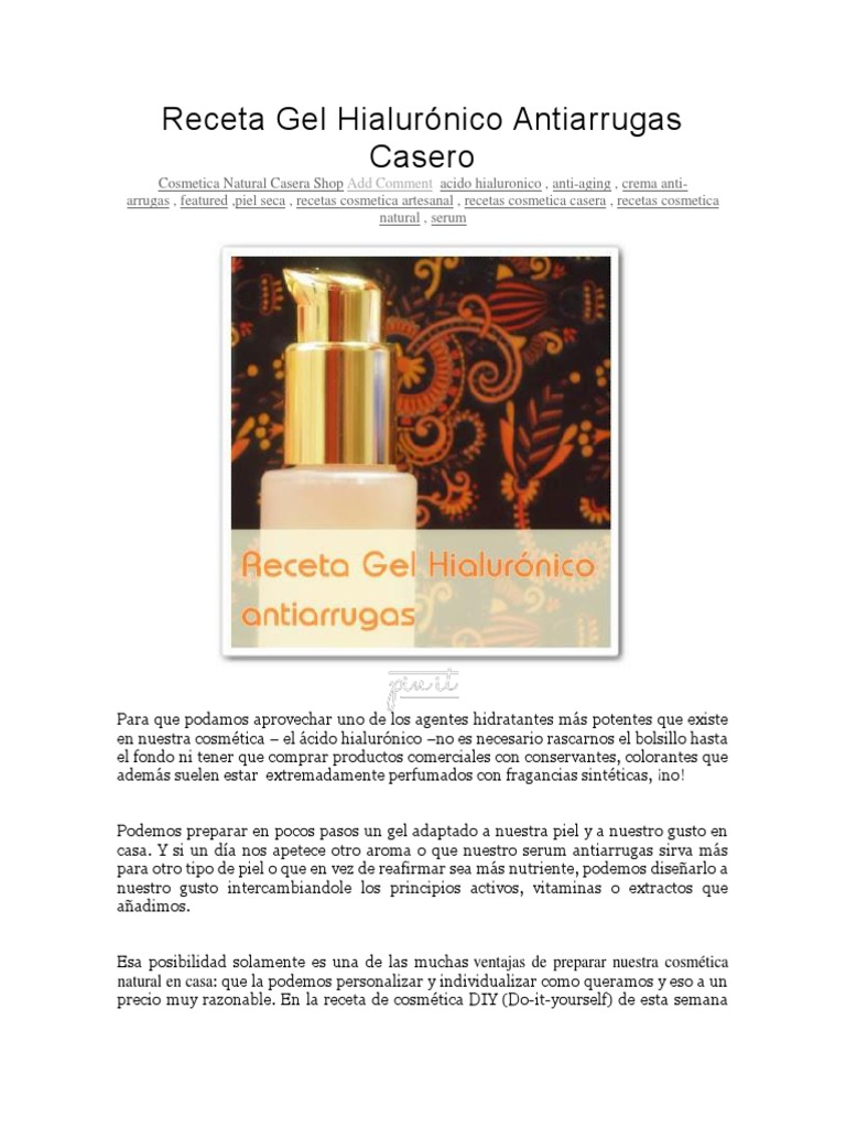 Receta Gel Hialurónico Antiarrugas Casero | PDF | Piel | Sustancias químicas