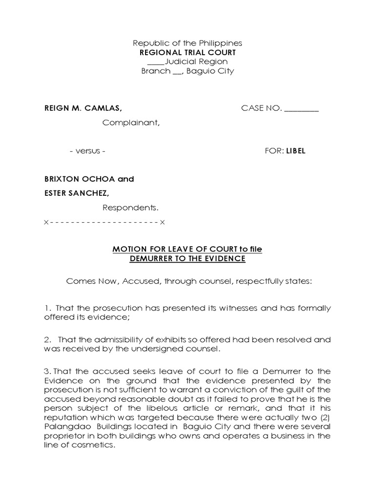 Sample Motion For Leave of Court To File Demurrer To Evidence Libel Sample Motion For Leave of Court To File Demurrer To Evidence Libel
