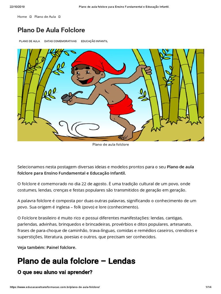 Plano de Aula Folclore | PDF | Folclore | Pré-escola