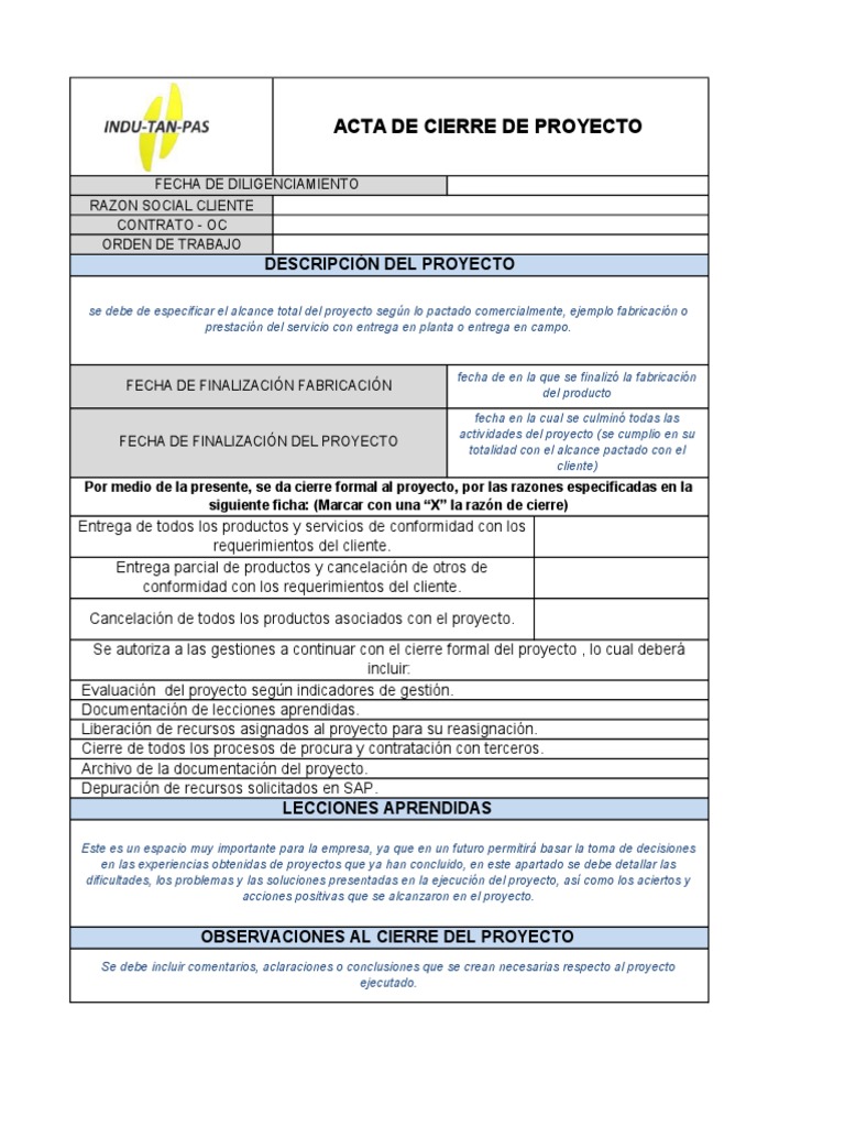 Acta de Cierre de Proyecto Ejemplo | PDF | Business | Informática y ...
