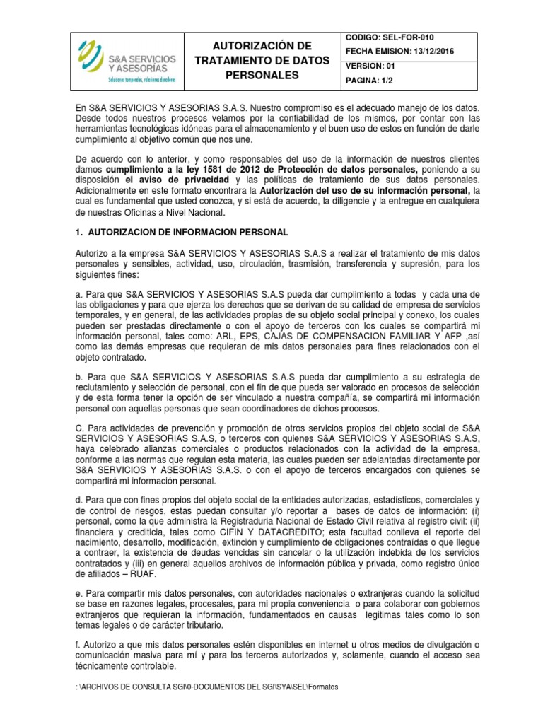 SEL-For-010 AcuerdoProtecDatos SYA | PDF | Información | Privacidad de ...