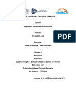 Clasificación de productos en cuadro sinóptico