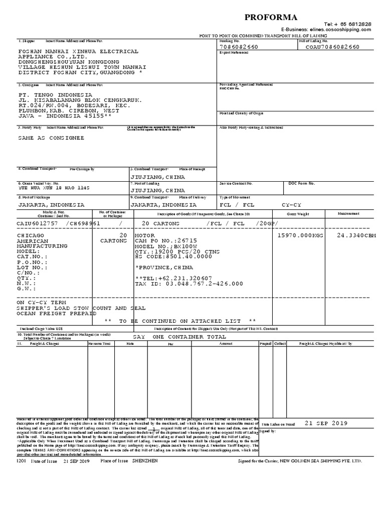 Proforma: Port To Port or Combined Transport Bill of Lading | PDF ...