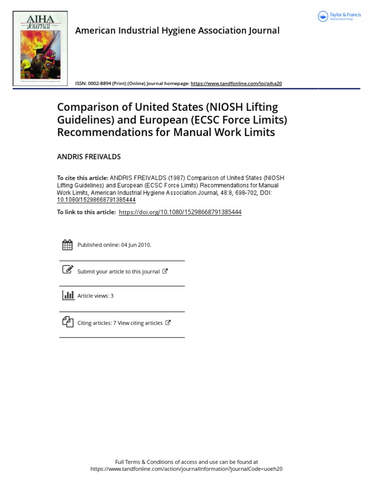 Comparison of United States (NIOSH Lifting Guidelines) and European ...