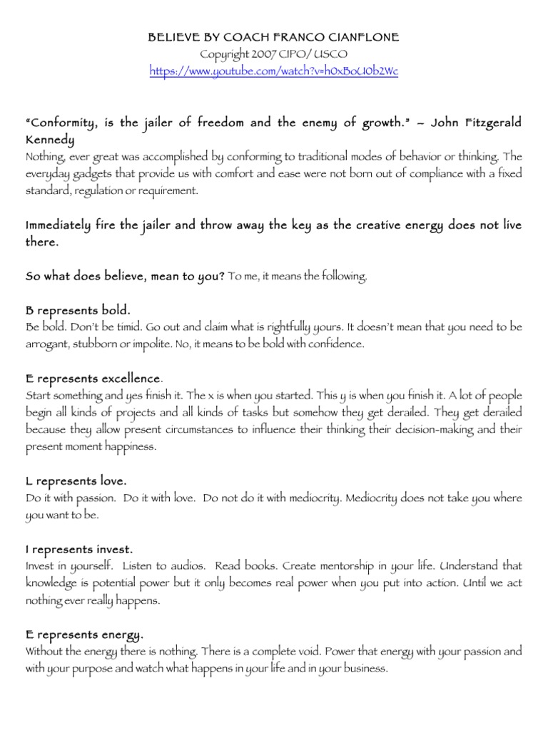Believe Audio Script Coach Franco Cianflone | PDF | Cognitive Science ...