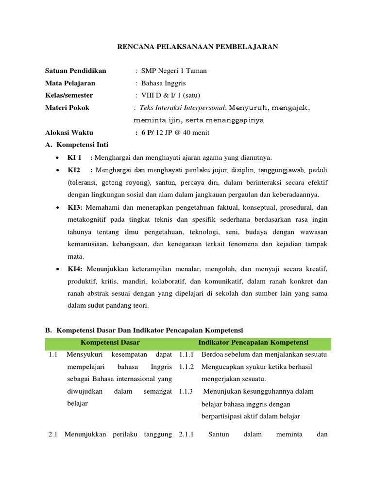 Rpp Bahasa Inggris Kelas 8 Smp Kd 3 4