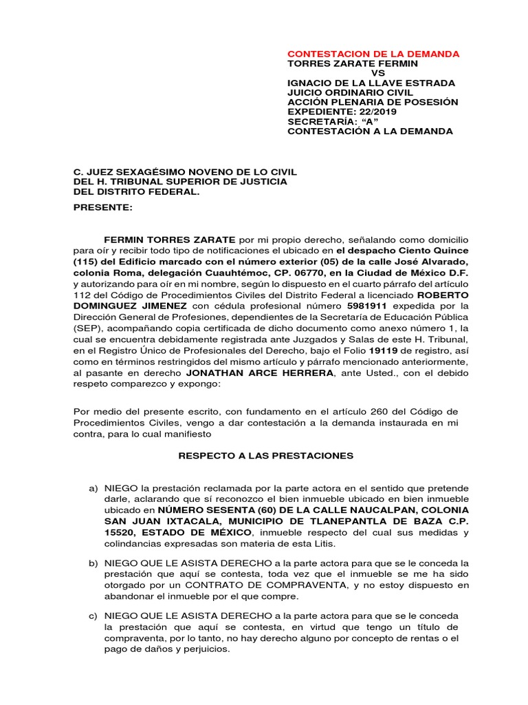 Contestación a Demanda de Reivindicación | PDF | Propiedad | Demanda ...