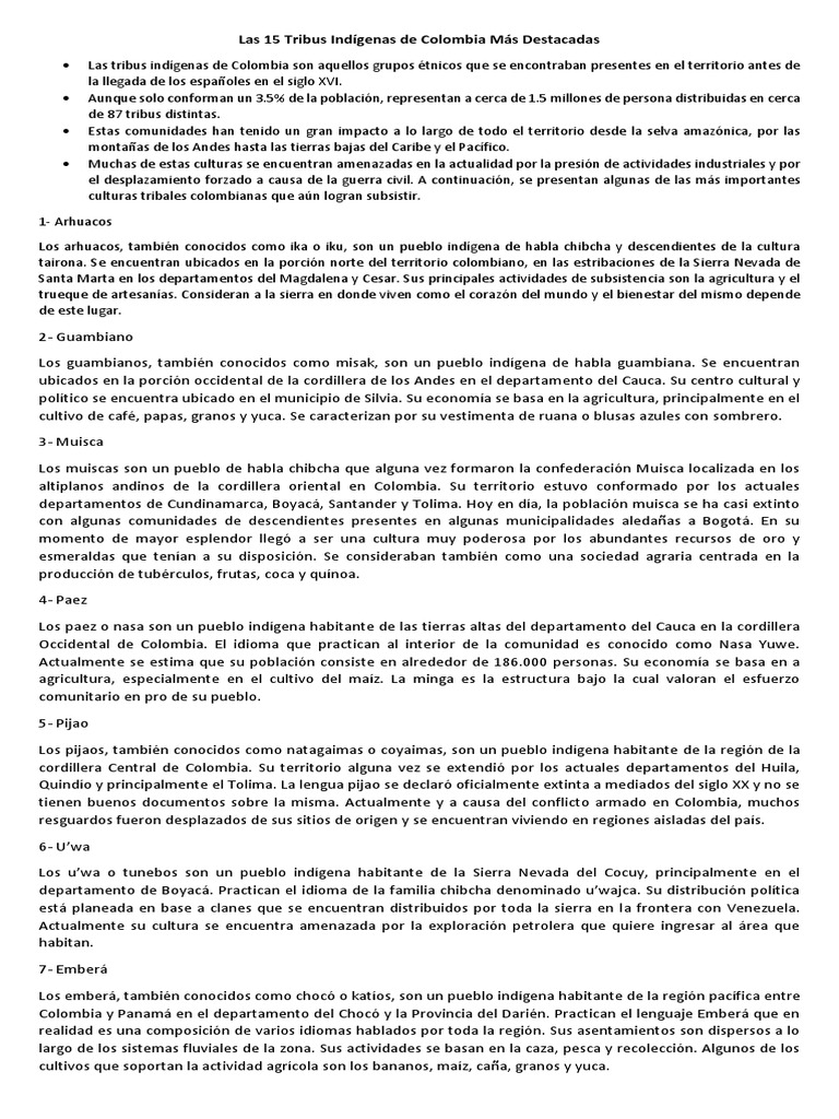 Principales Tribus Indígenas de Colombia | PDF | Colombia | Pueblos ...