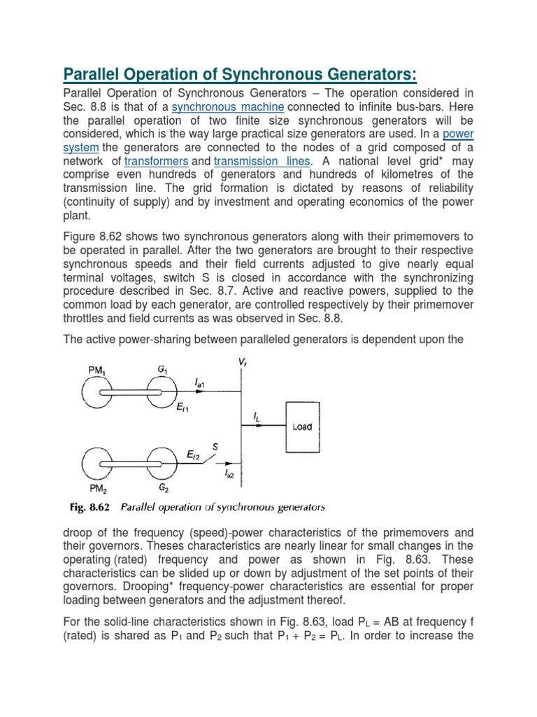 Parallel operation of synchronous generators sharing of active and