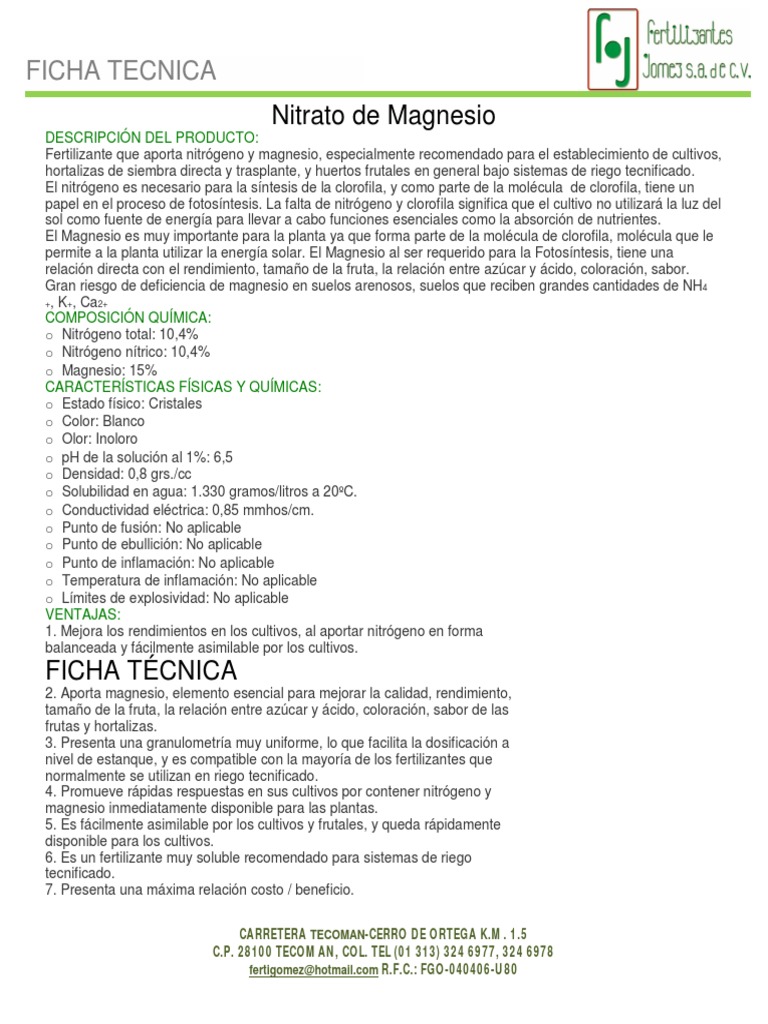 Ficha Técnica de Nitrato de Magnesio | PDF | Fertilizante | Nitrógeno