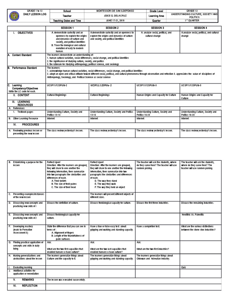 Grade 12 Daily Lesson Log: UCSP | PDF | Political Science | Learning