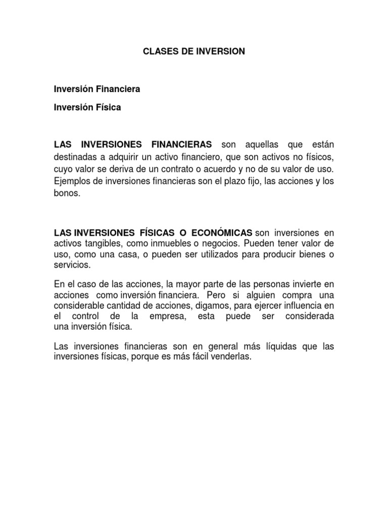 Clases de Inversión: Financieras y Físicas | PDF | Compartir (Finanzas ...