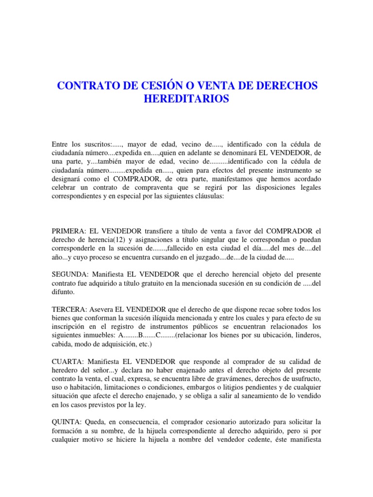 Contrato de Cesión o Venta de Derechos Hereditarios PDF | PDF | Derecho y  economía | Derecho privado