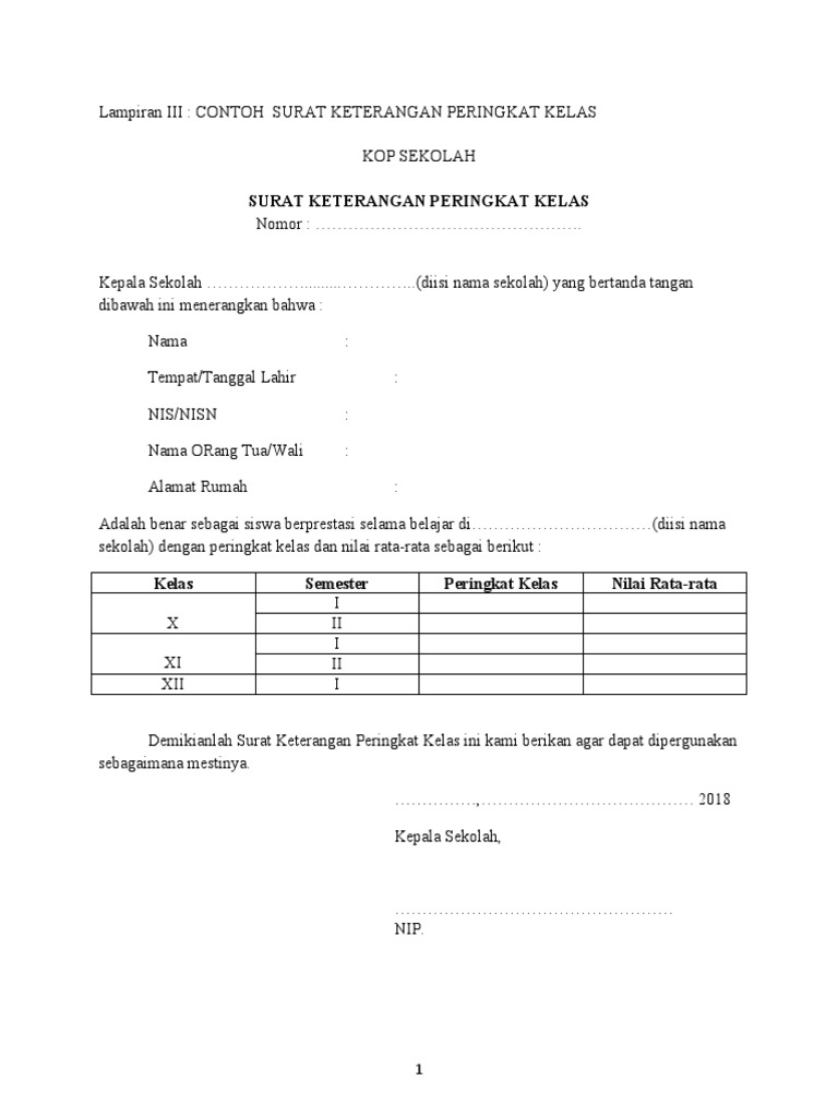 Contoh Surat Keterangan Peringkat Kelas