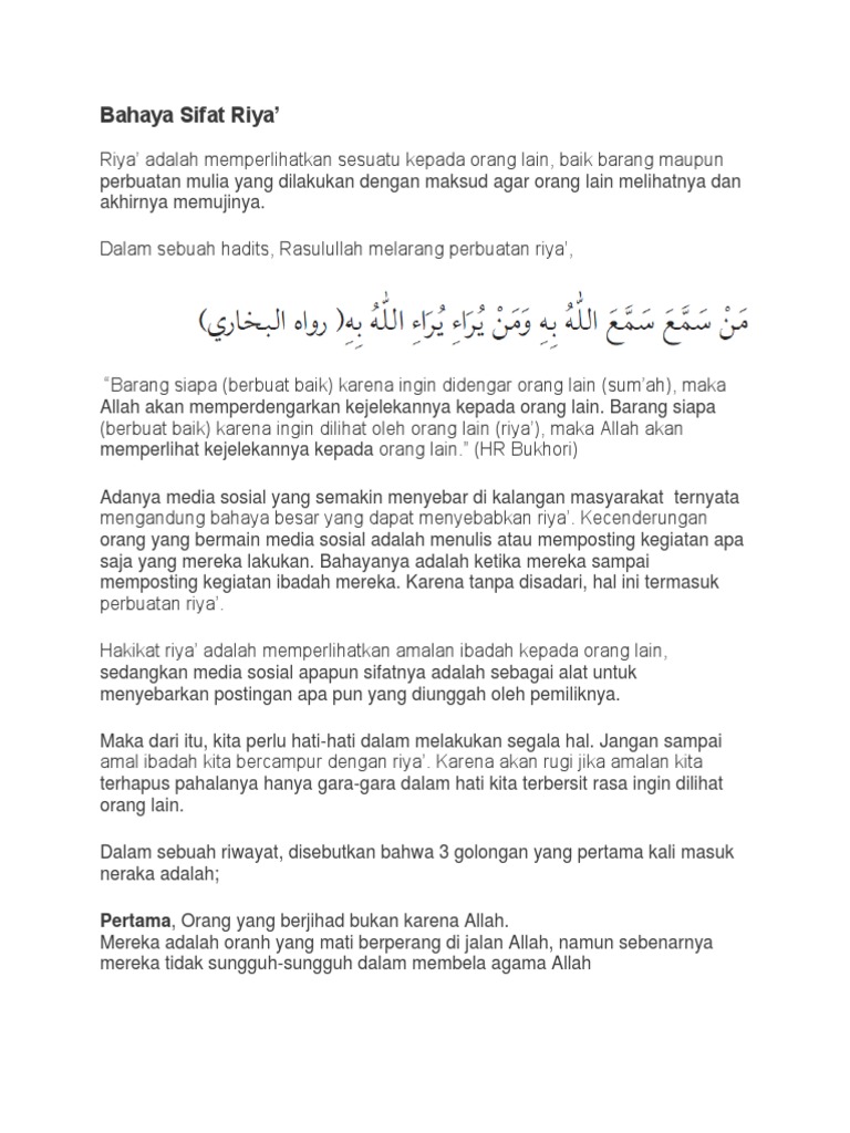 Bahaya dan Dampak Sifat Riya' | PDF | Agama & Spiritualitas
