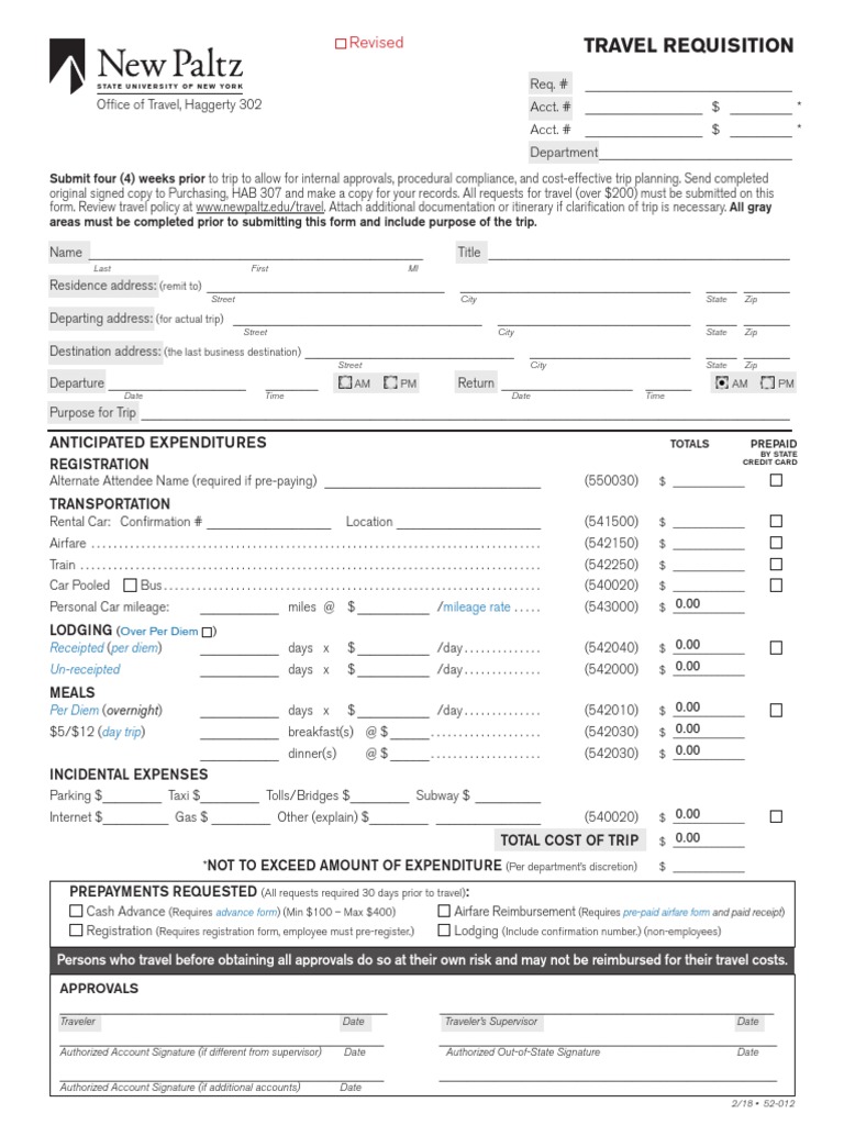 Revised Travel Requisition Form | PDF | Per Diem | Services (Economics)