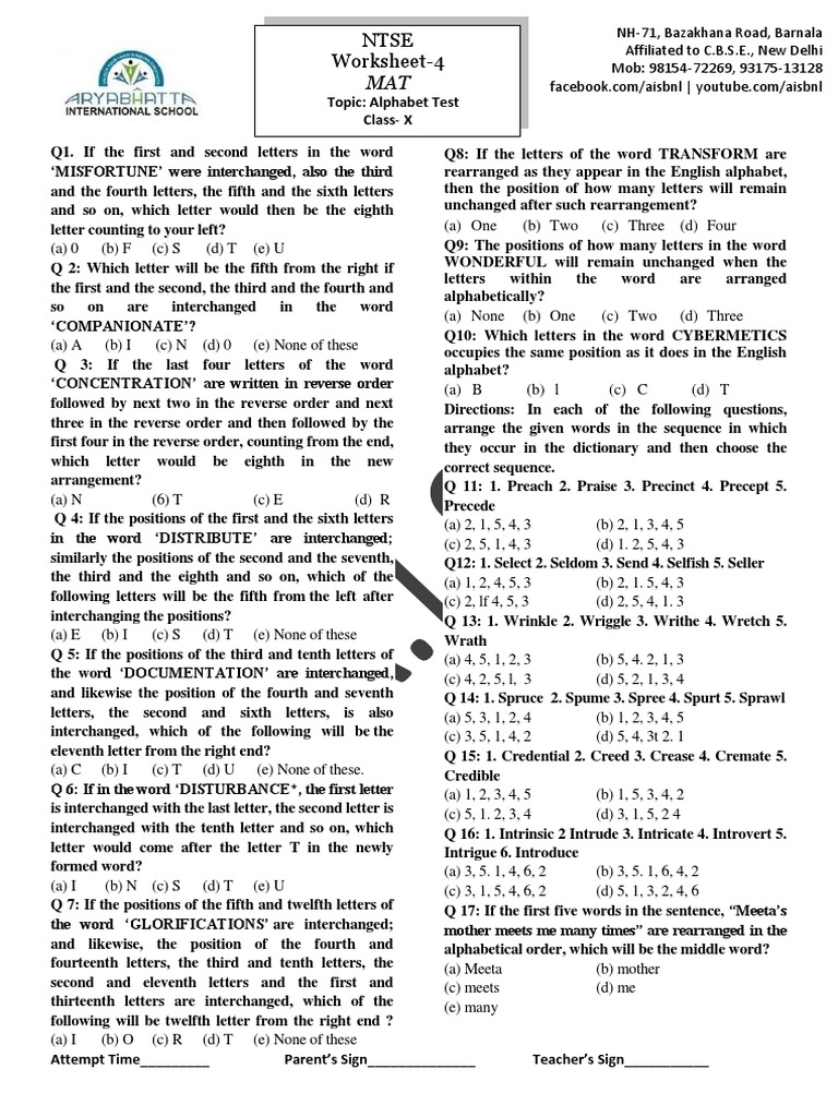 NTSE Worksheet4 Alphabet Test PDF Communication Writing