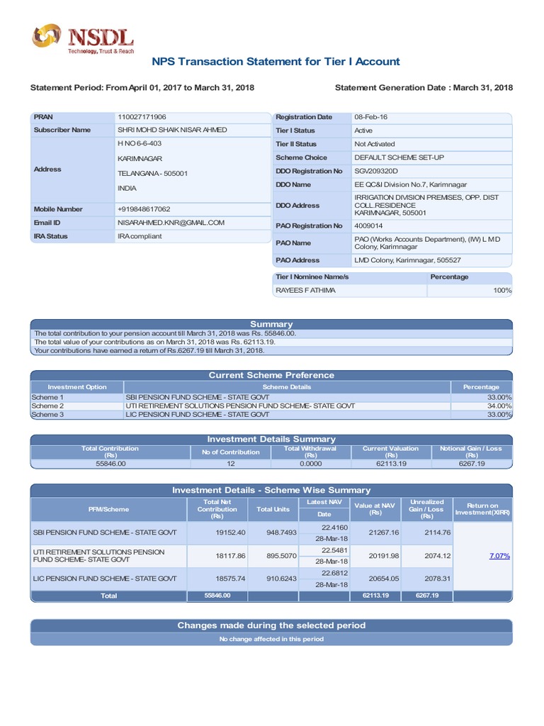 NPS Transaction Statement For Tier I Account | PDF | Pension | Tax ...