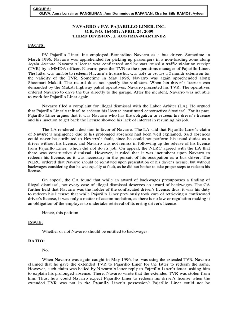 Group 6 - Navarro V PV Pajarillo Liner | PDF | Employment | Social ...